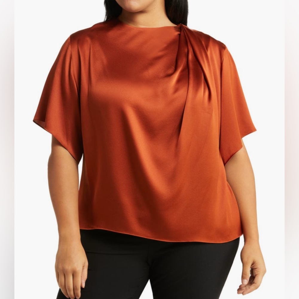 Drape-Neck Flutter-Sleeve Blouse | Vince | Rust Amber | 100% Silk | 3X | NWOT